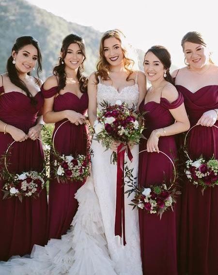 Off the Shoulder Burgundy Long Bridesmaid Dresses for Wedding